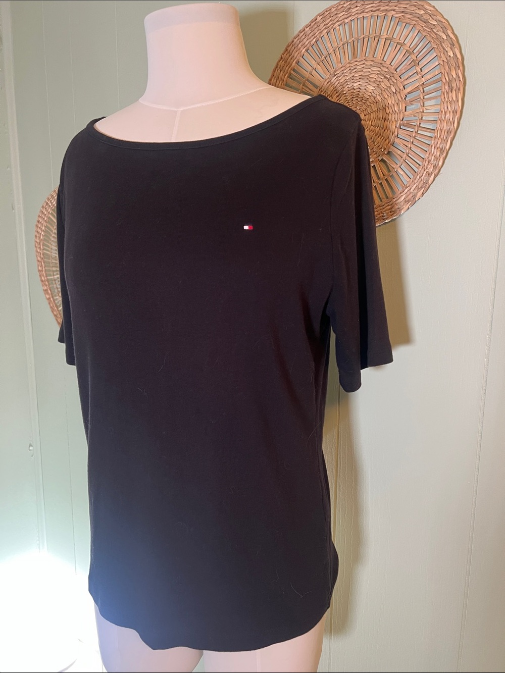 Tommy Hilfiger Black Short Sleeve Boatneck Tee with Flag Logo
